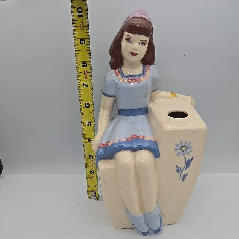 Lady Vase 1940s Weil Ware CA Pottery Woman In White‎ Dress Scarf Flowers Planter
